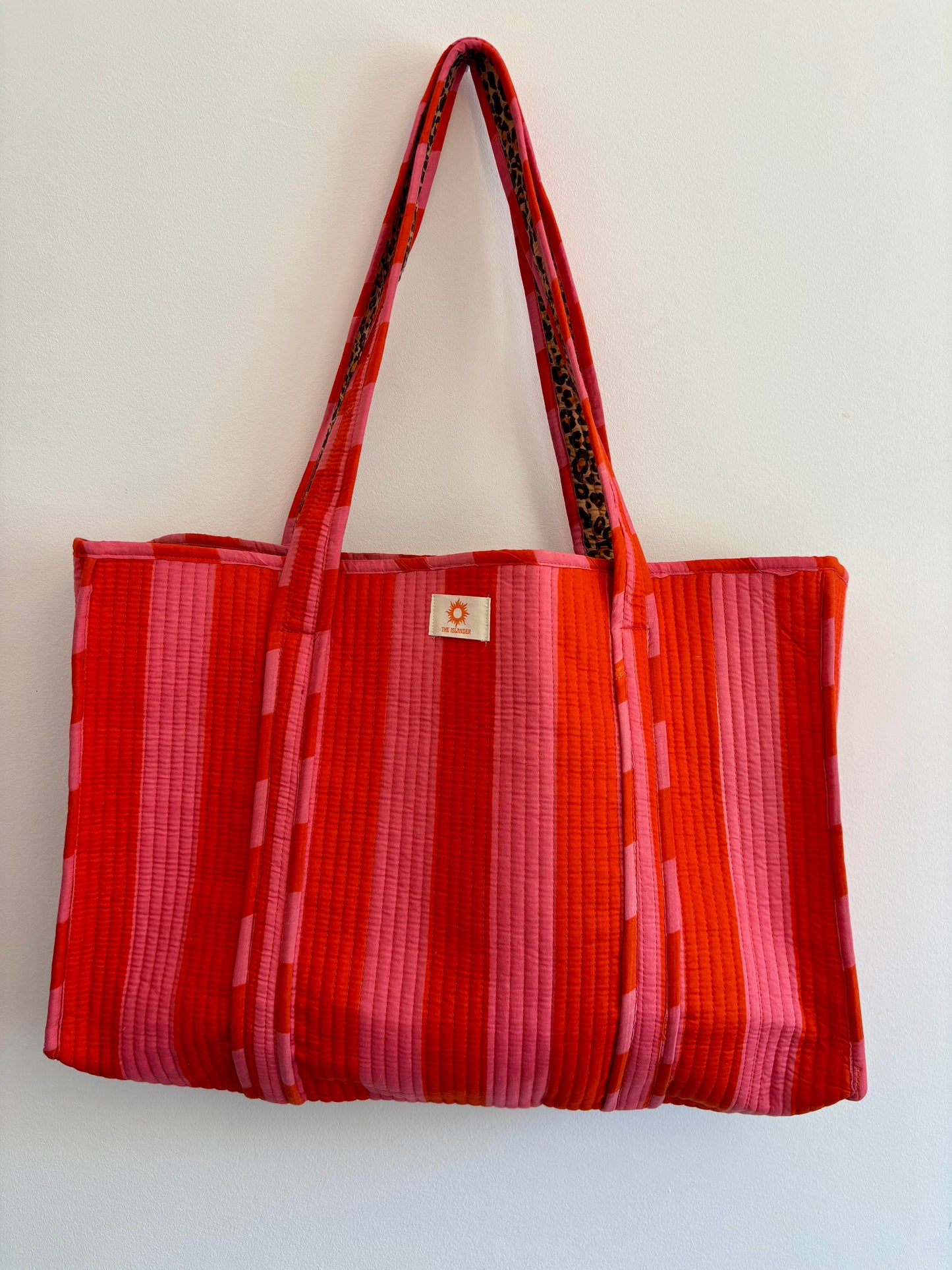 Coral Stripes & Leopard Print Reversible Tote