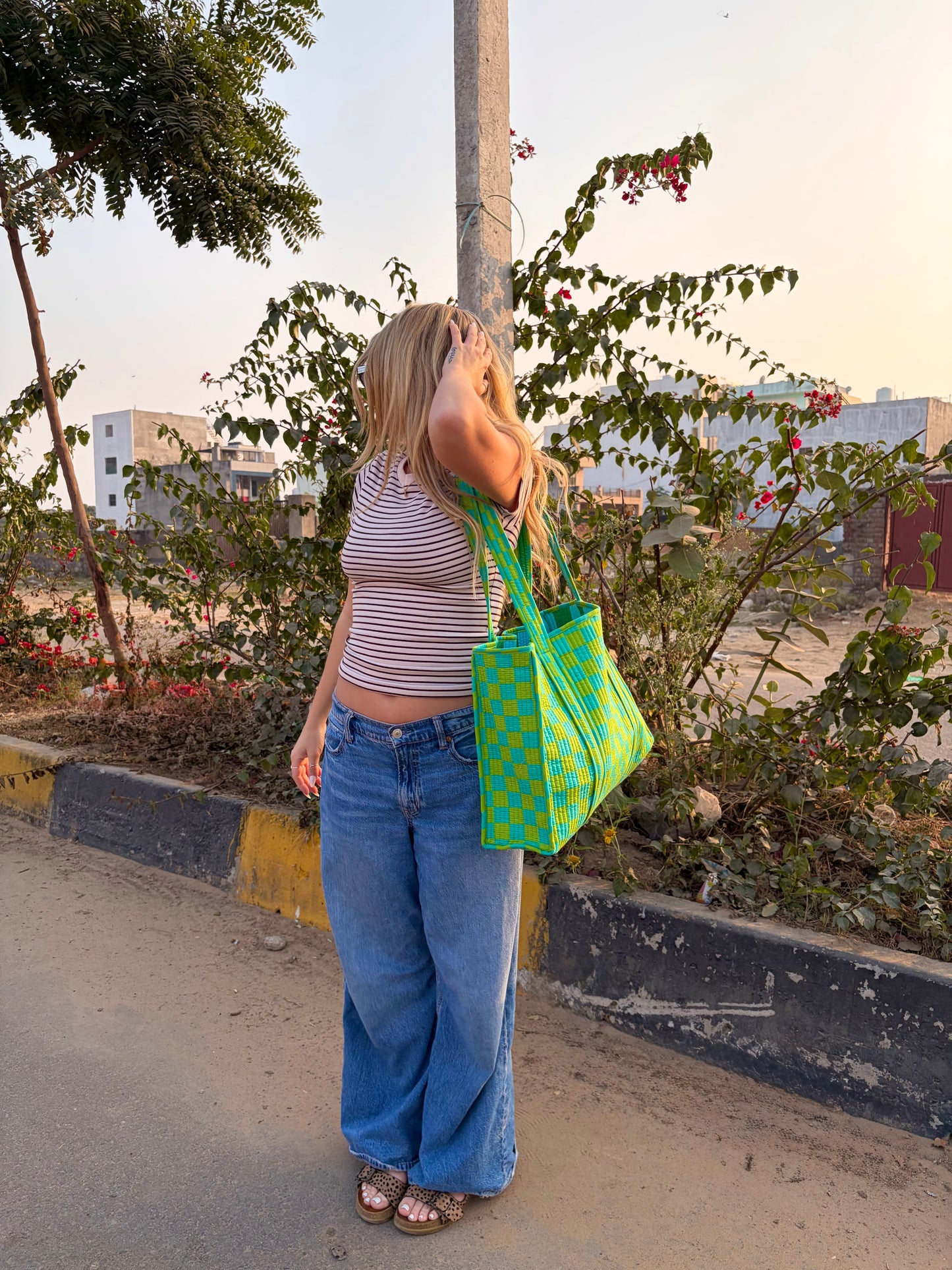 Green Checkerboard Large Tote (Zipped or Reversible)