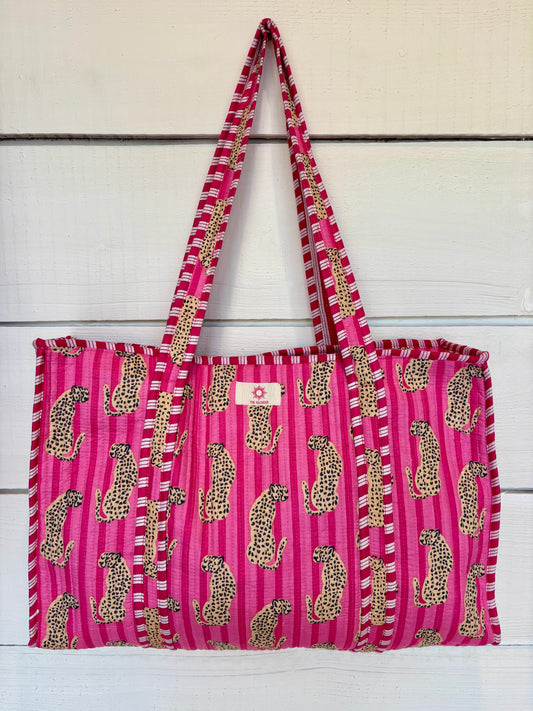 Pink Stripes Leopard Large Zipped Tote Bag
