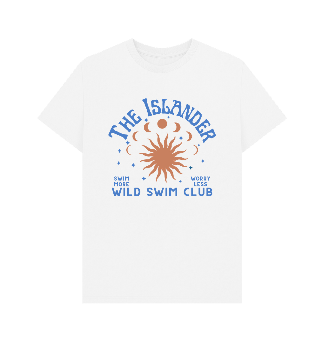 White Wild Swim Club - Unisex T Shirt - Swim More\/Worry Less - Sun Moon and Stars