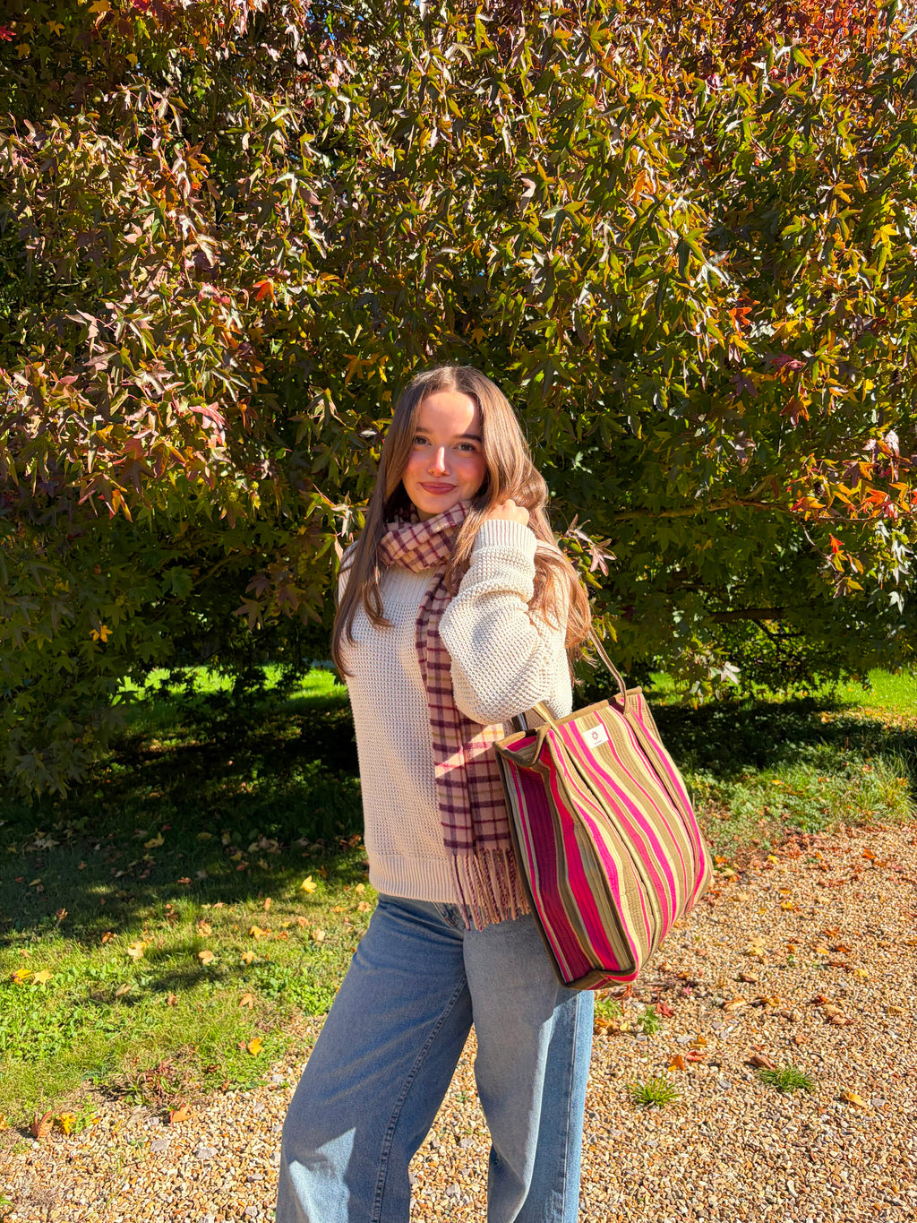 Olive Green Stripes Large Tote Bag