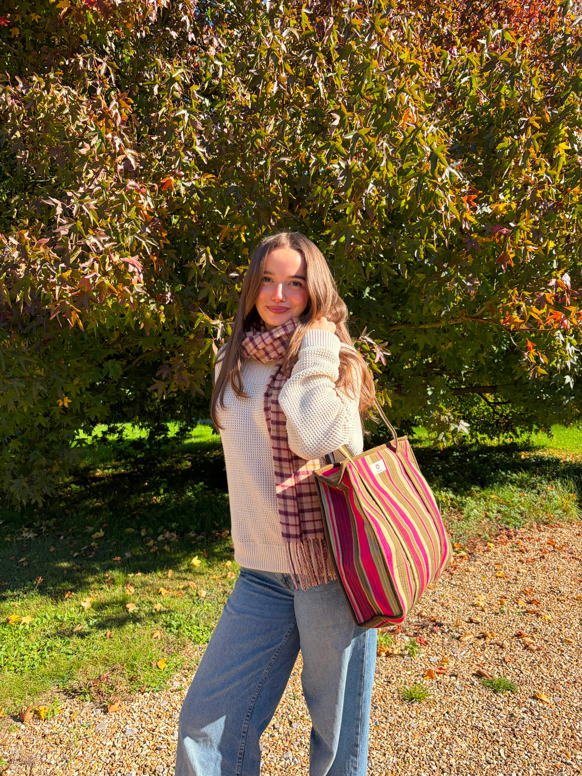 Olive Green Stripes Large Tote Bag