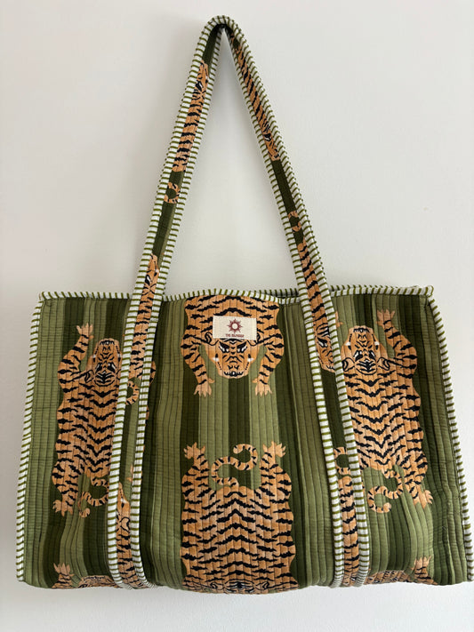 Green Stripes Tiger Quilted Tote Bag