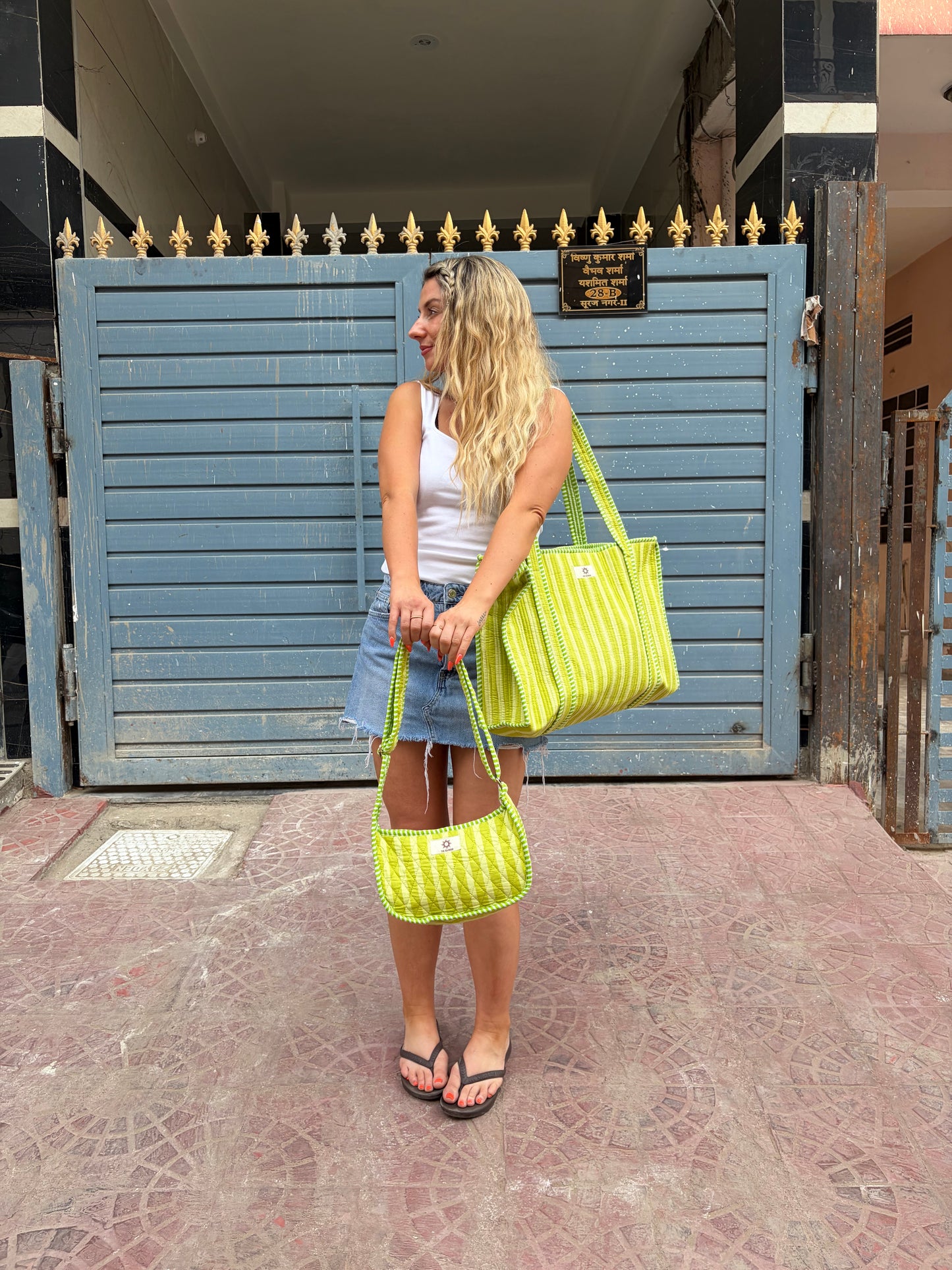 Lime Green Stripes Large Tote Bag