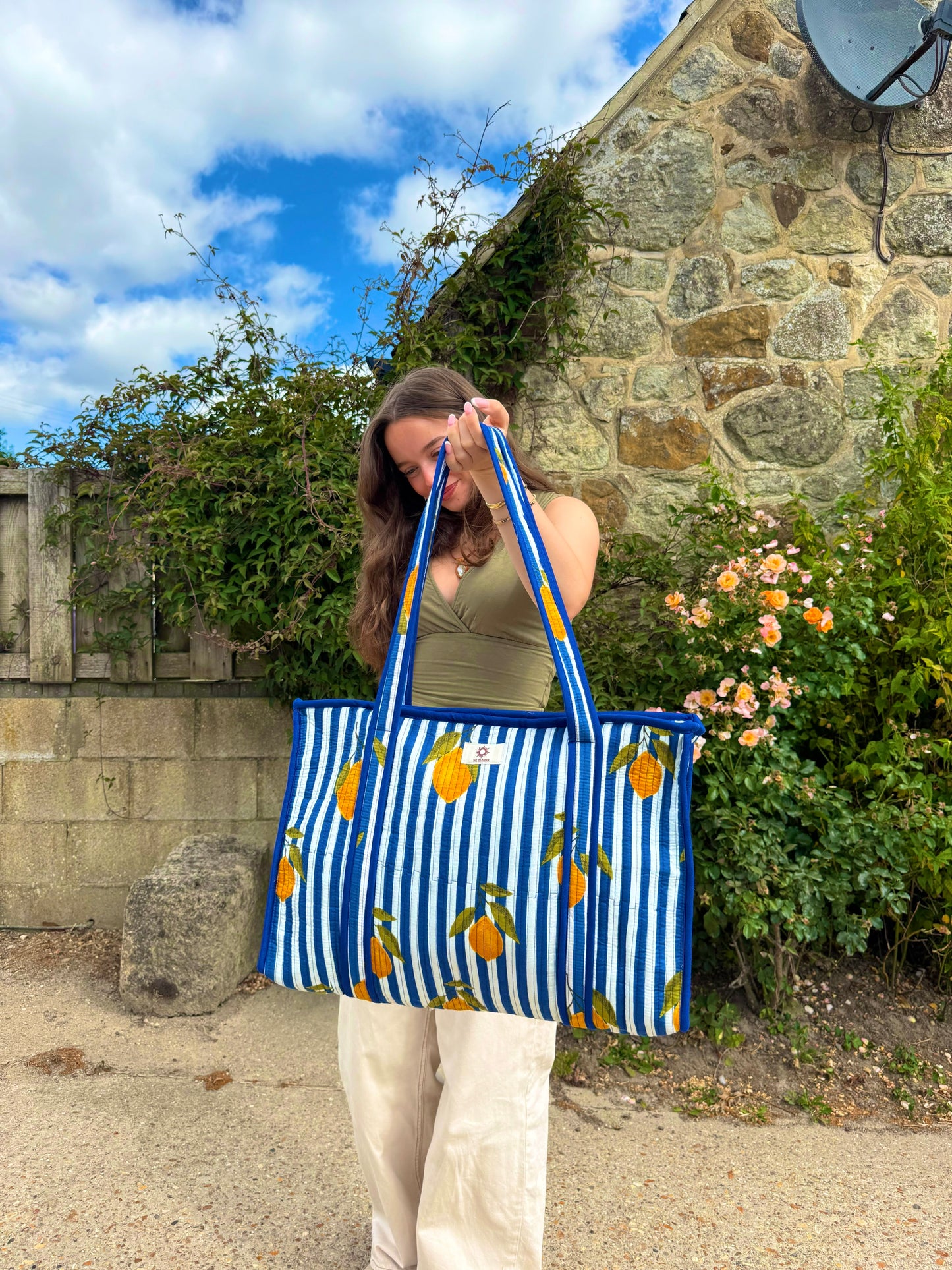 Blue Stripe Lemon Large Tote
