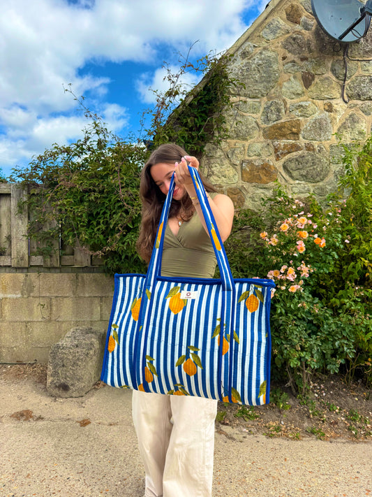 Blue Stripe Lemon Large Tote
