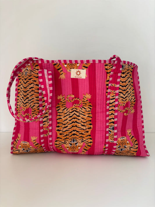 Pink Stripes Tiger Quilted Tote Bag