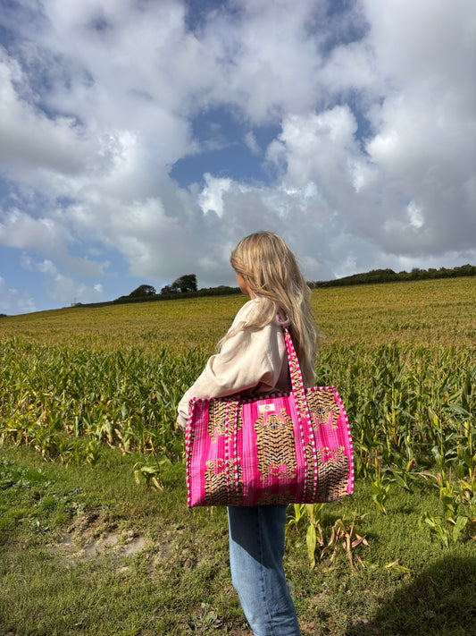 Pink Stripes Tiger Large Quilted Tote Bag