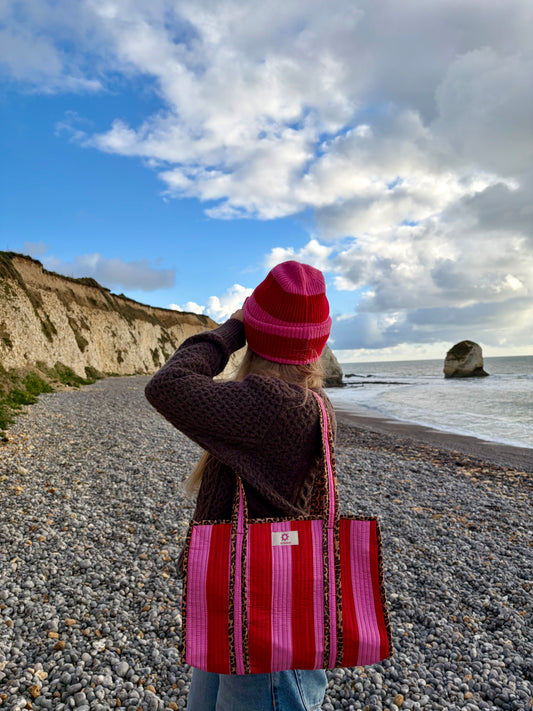 Pink Stripes Leopard Print Midi Tote