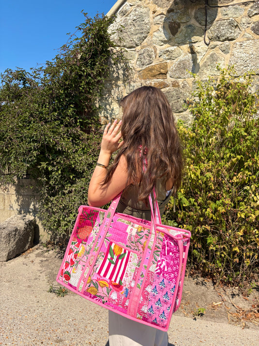 Pink Patchwork Compartment Organiser Tote Bag