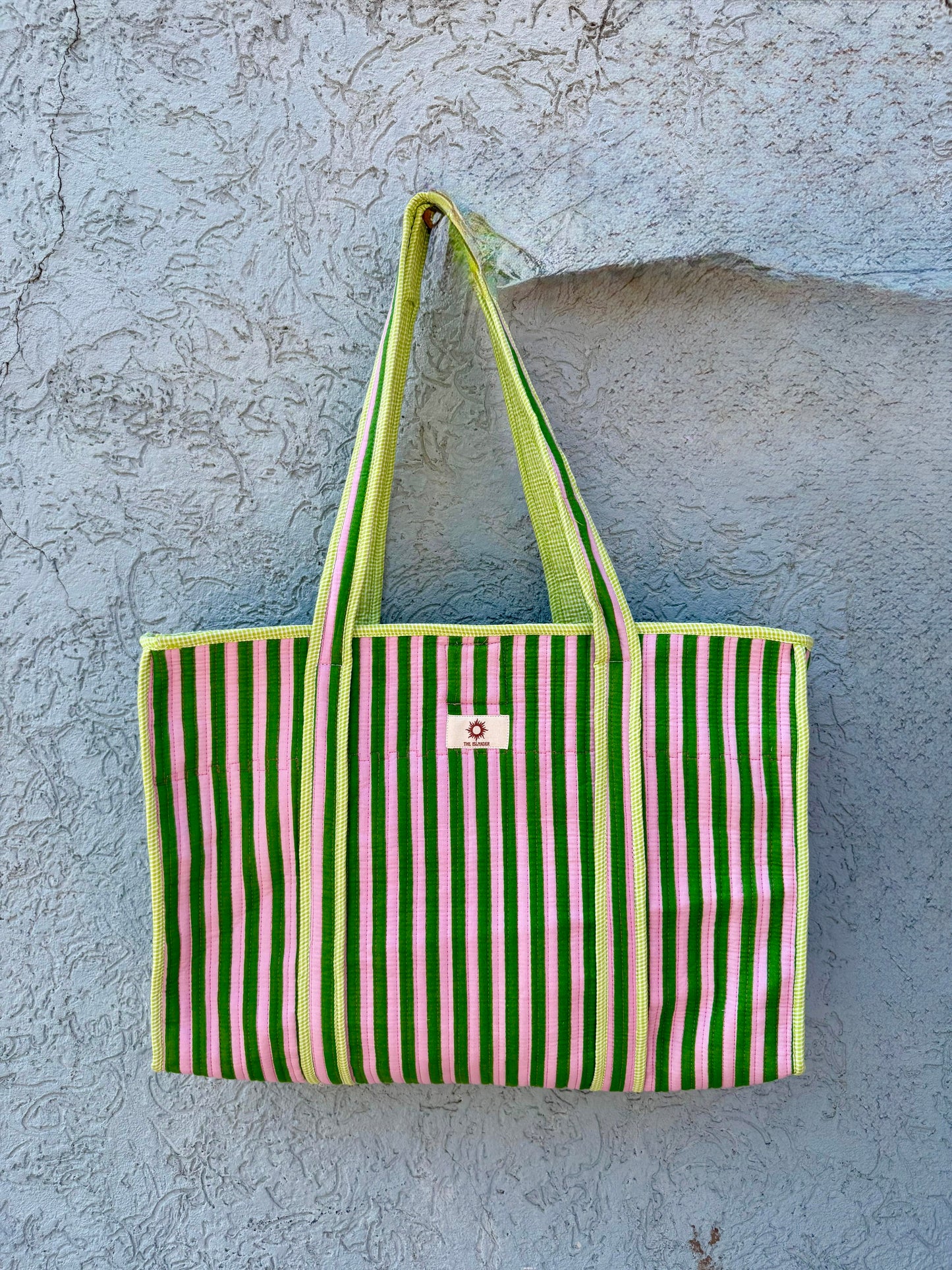 Green & Pink Stripes Large Tote (Reversible & Zipped)