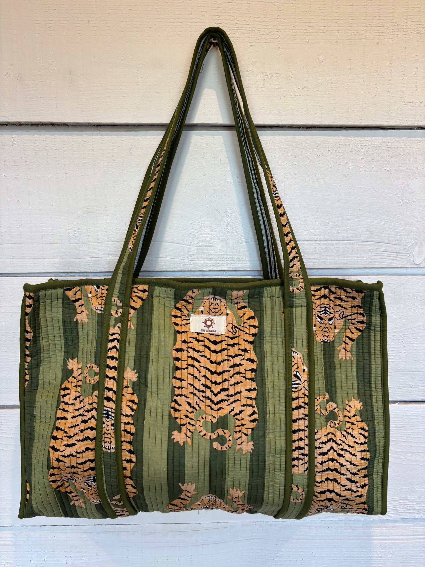 Green Stripes Tiger Large Quilted Tote Bag