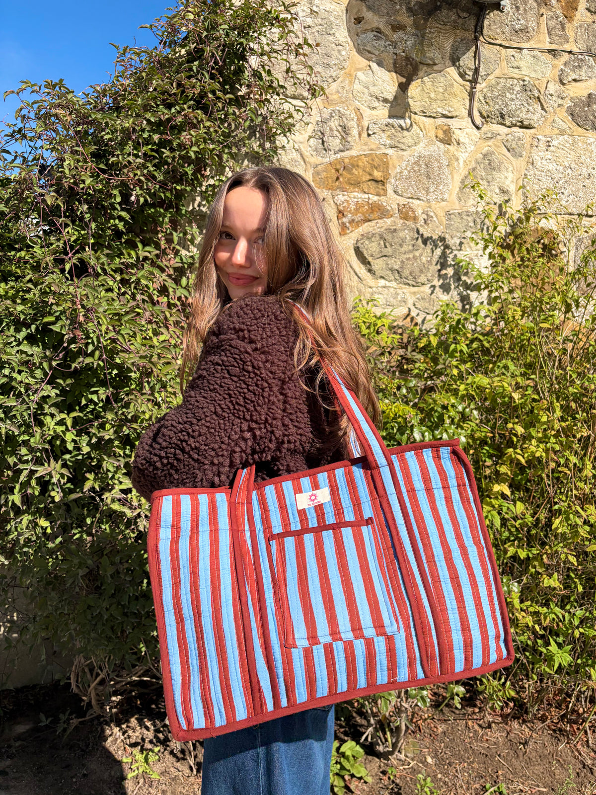 Blue & Brown Stripes Compartment Organiser Tote