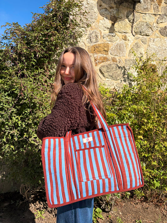 Blue & Brown Stripes Compartment Organiser Tote