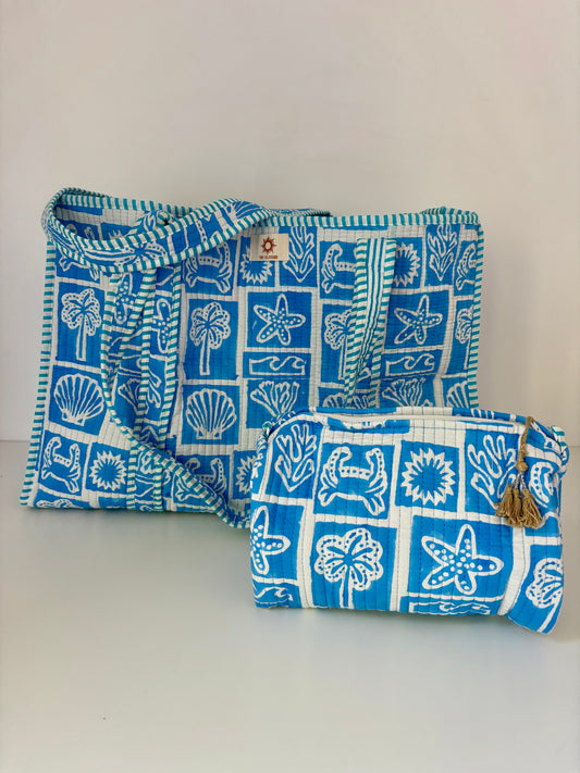 Beach Block Print Quilted Tote Bag Set