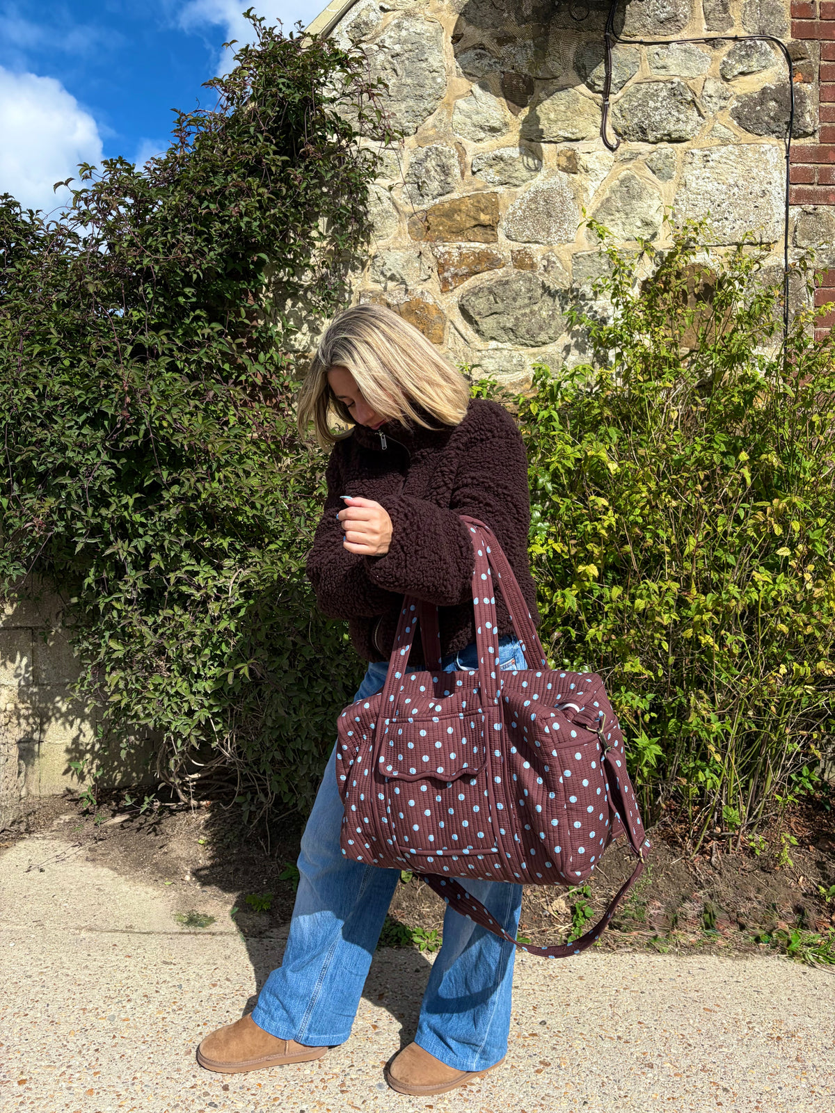 Brown & Blue Polka Duffle Travel Bag