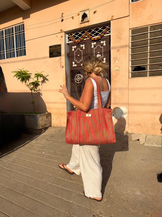 Terracotta & Yellow Stripes Large Tote Bag