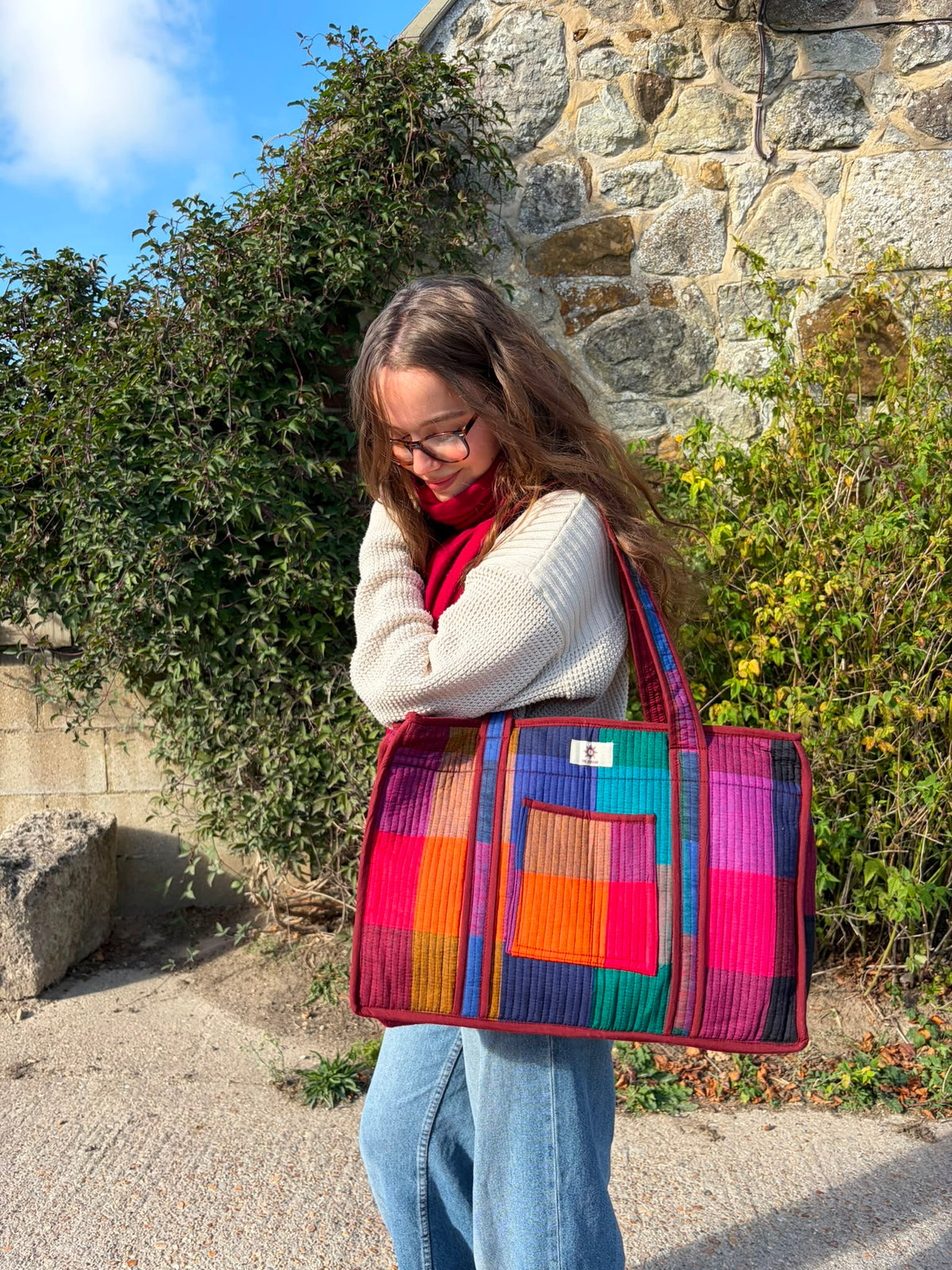Colourful Madras Checks Organiser Compartment Tote
