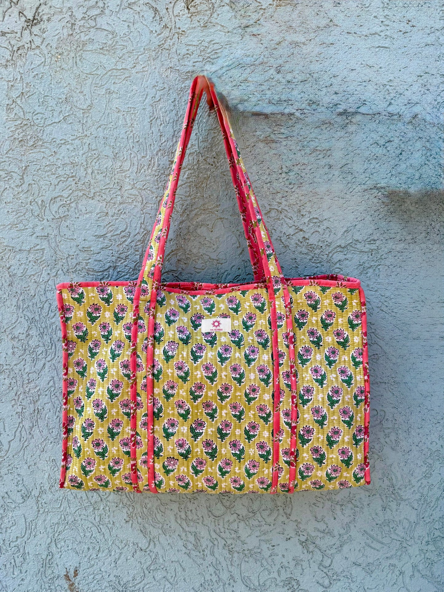 Green, Pink & Stripes Block Print Large Tote (Reversible or Zipped)