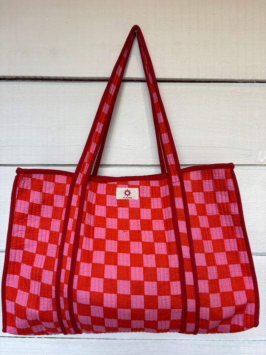 Pink Checkerboard Large Zipped Tote Bag
