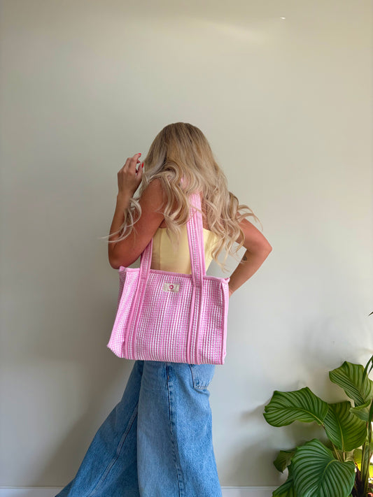 Baby Pink Gingham Midi Tote Bag