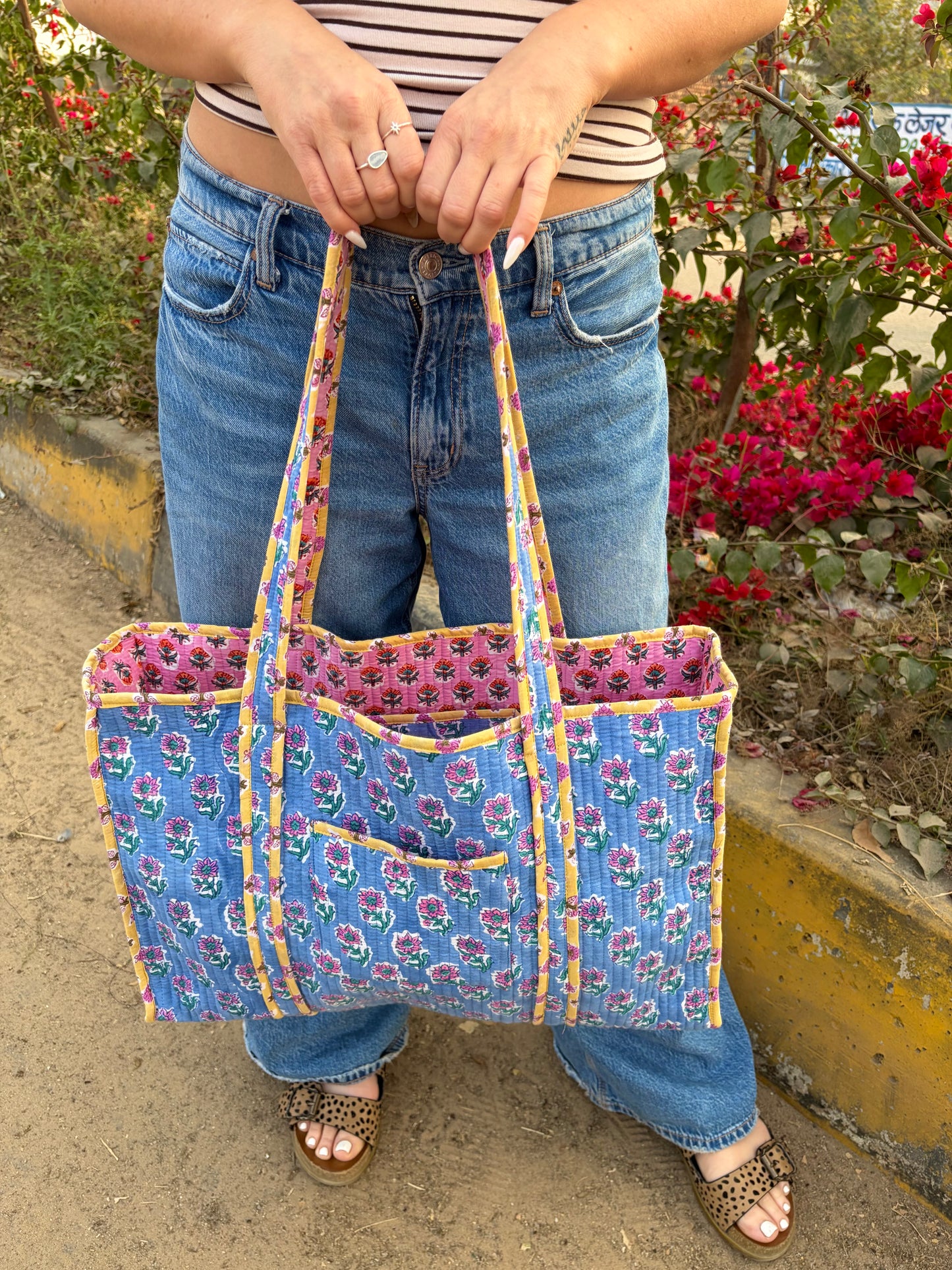 Blue, Yellow & Pink Block Print Large Tote (Reversible or Zipped)