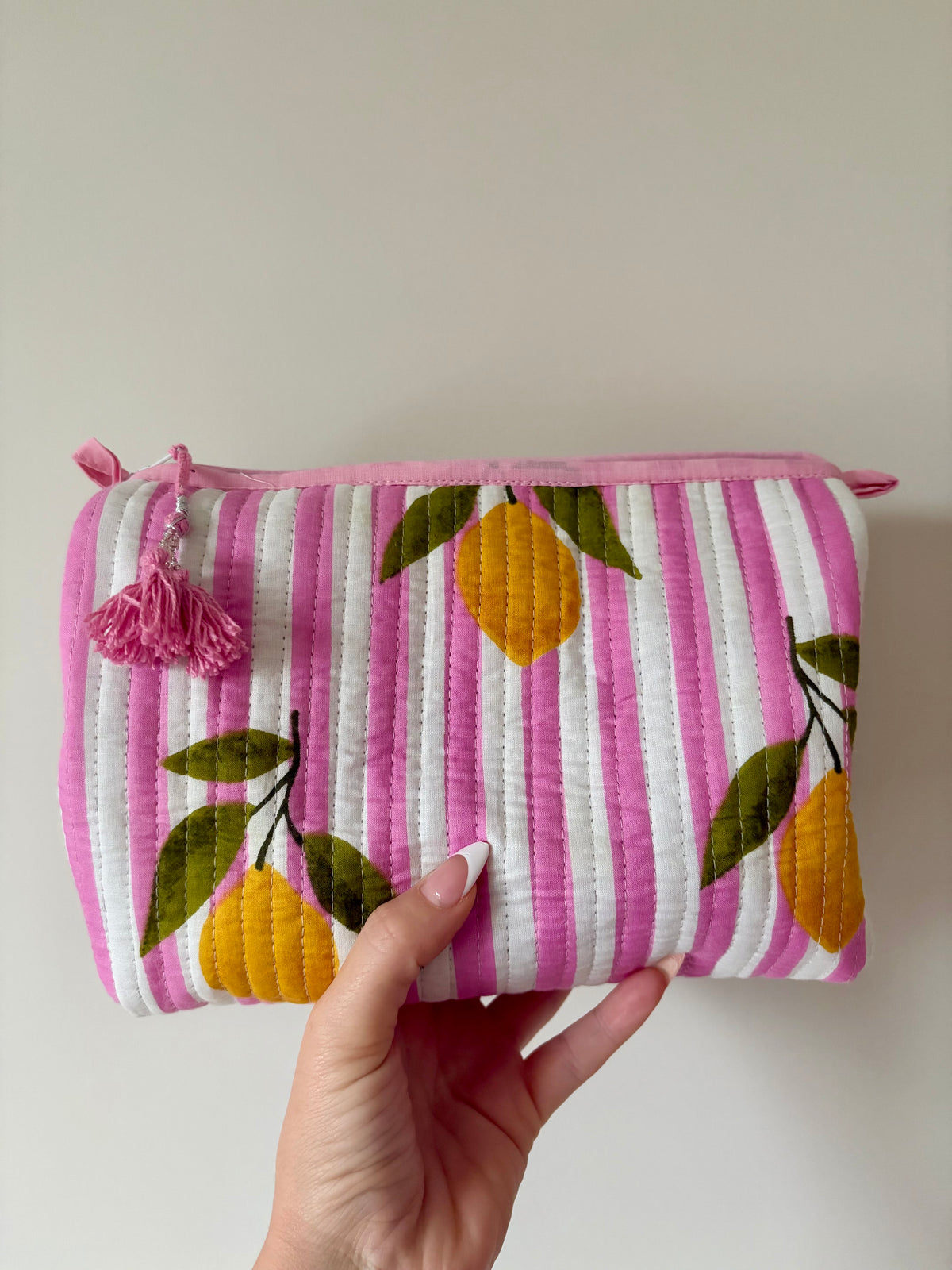 Pink Stripe Lemons Large Tote