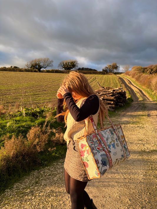 Cream Patchwork Large Zipped Tote Bag