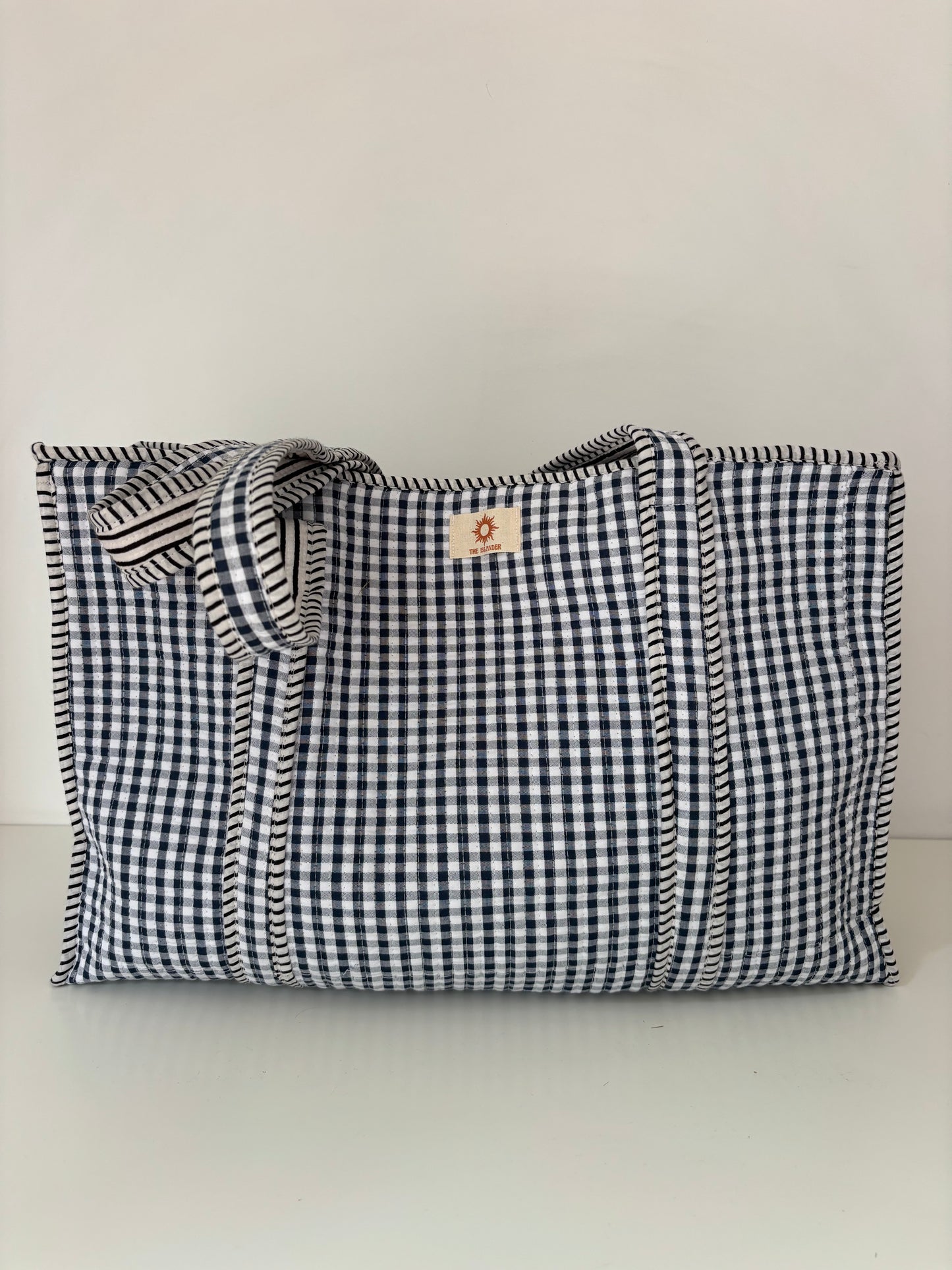 Navy Gingham Large Tote Bag (Zipped or Reversible)