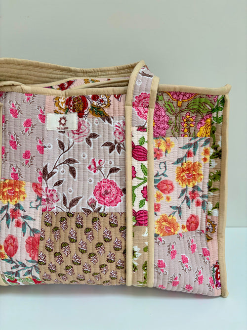 Beige Patchwork Large Tote Bag