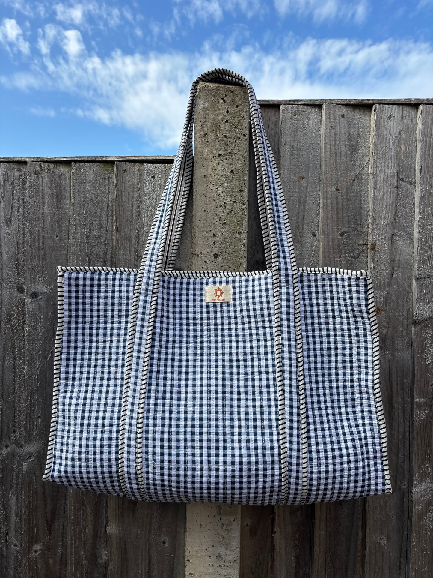 Navy Gingham Large Tote Bag (Zipped or Reversible)