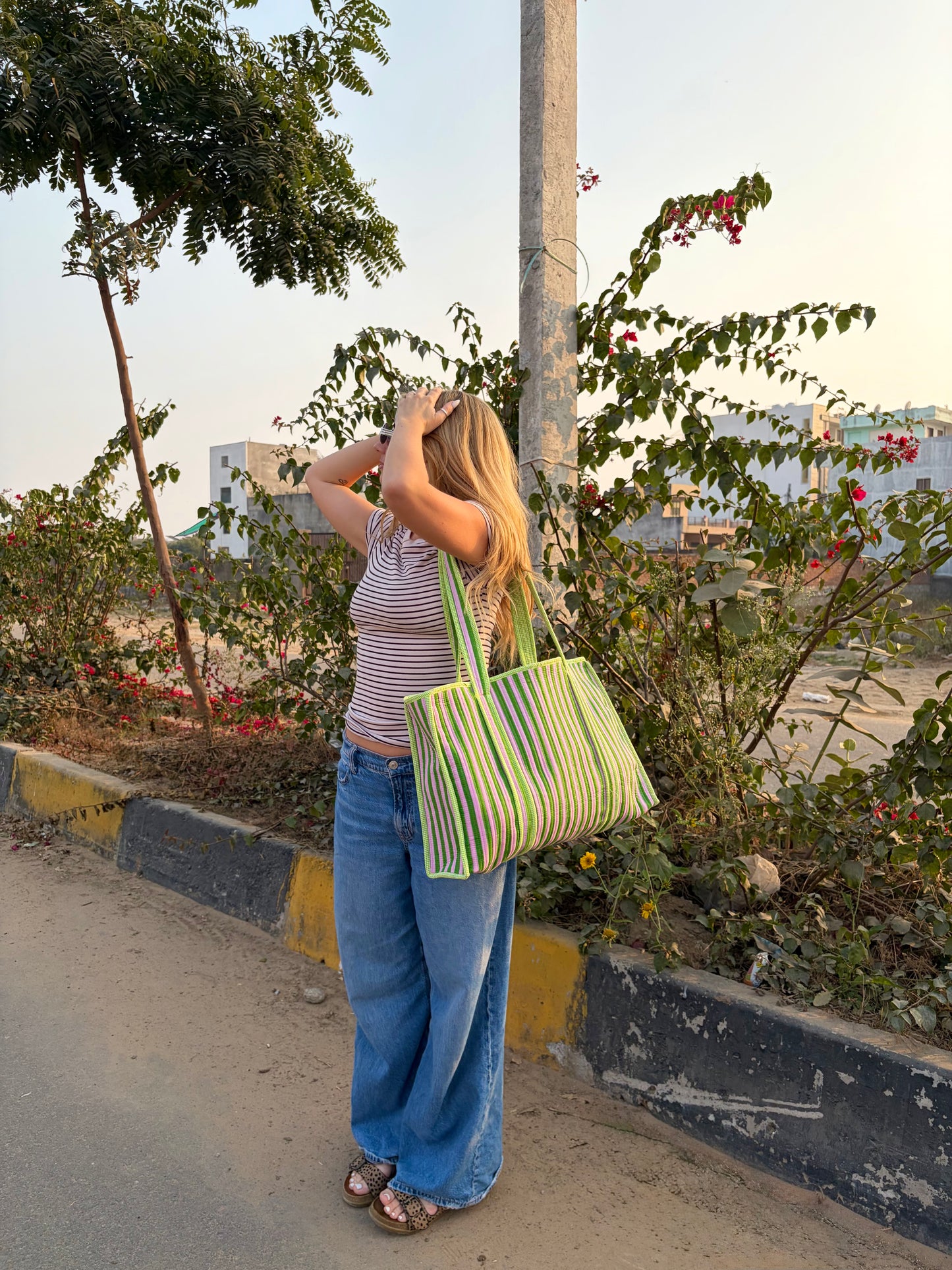 Green & Pink Stripes Large Tote (Reversible & Zipped)