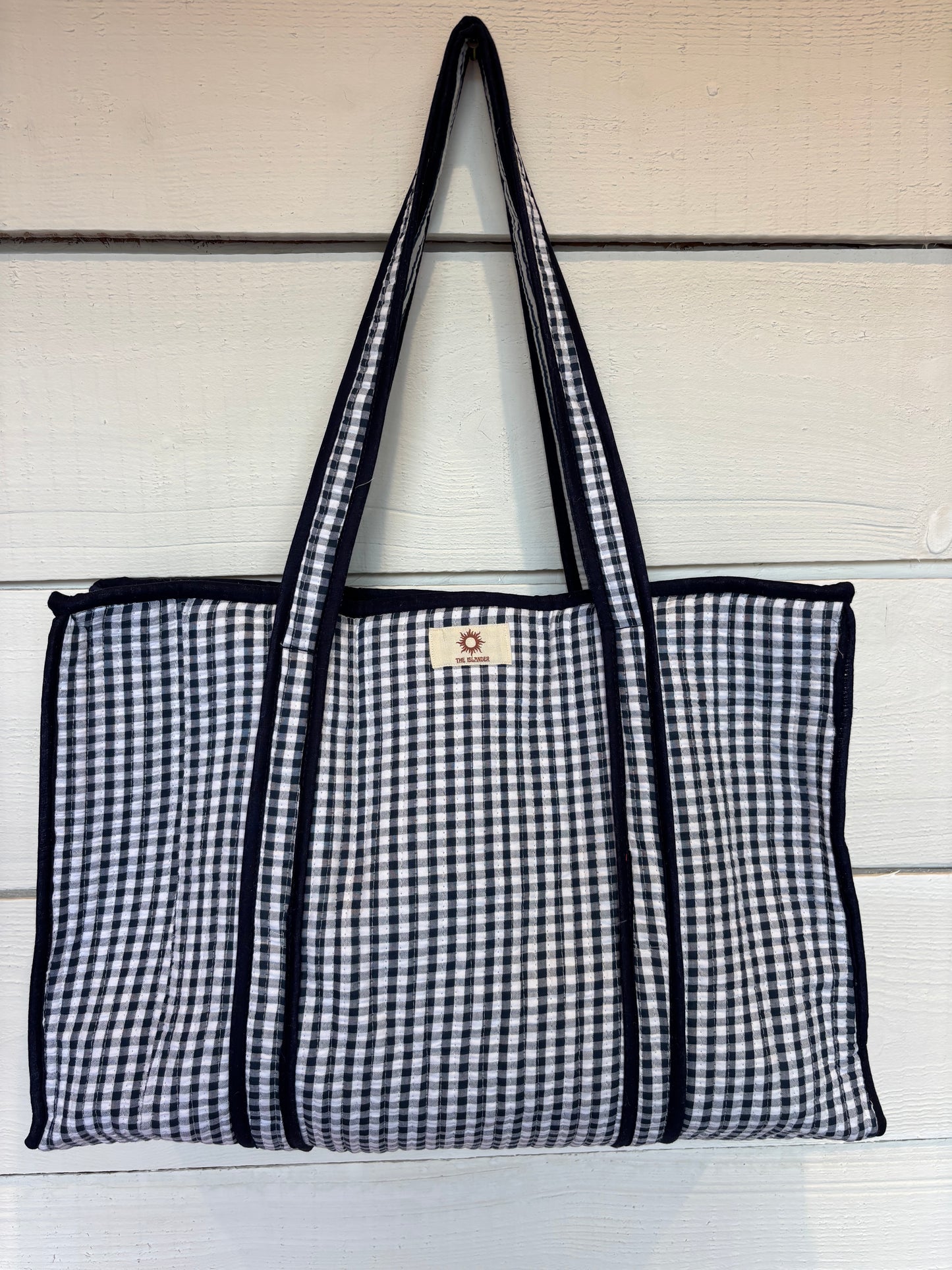 Navy Gingham Zipped Large Tote Bag