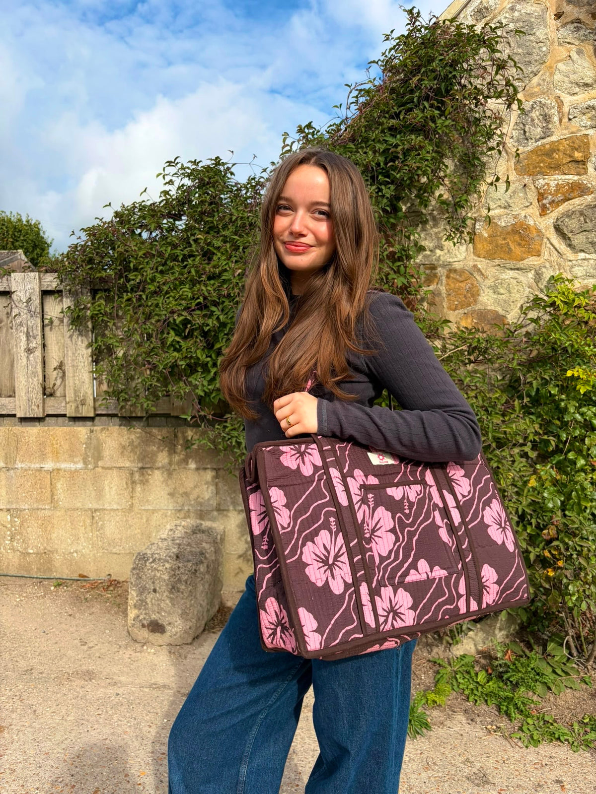 Brown & Pink Hibiscus Organiser Compartment Tote