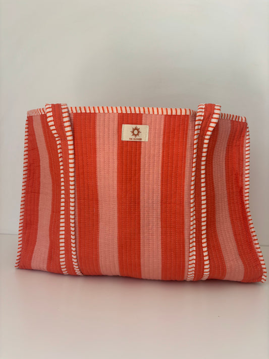 Peach Stripes Large Quilted Tote Bag (With or Without Zip)