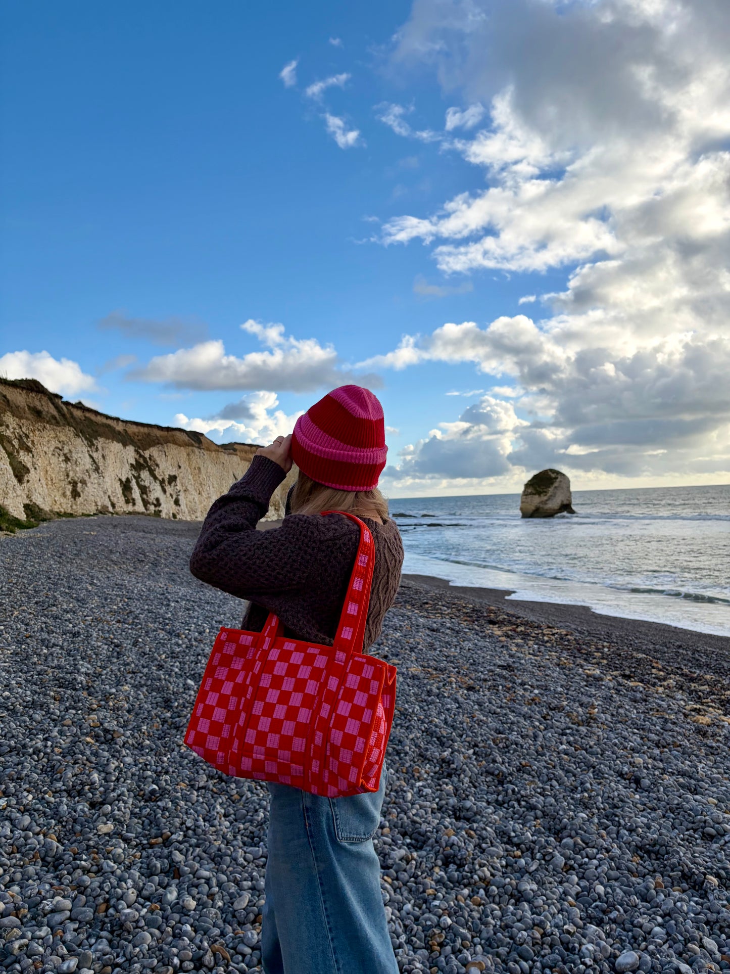Pink (Pink & Red and Pink & Orange) Checkerboard Midi Tote