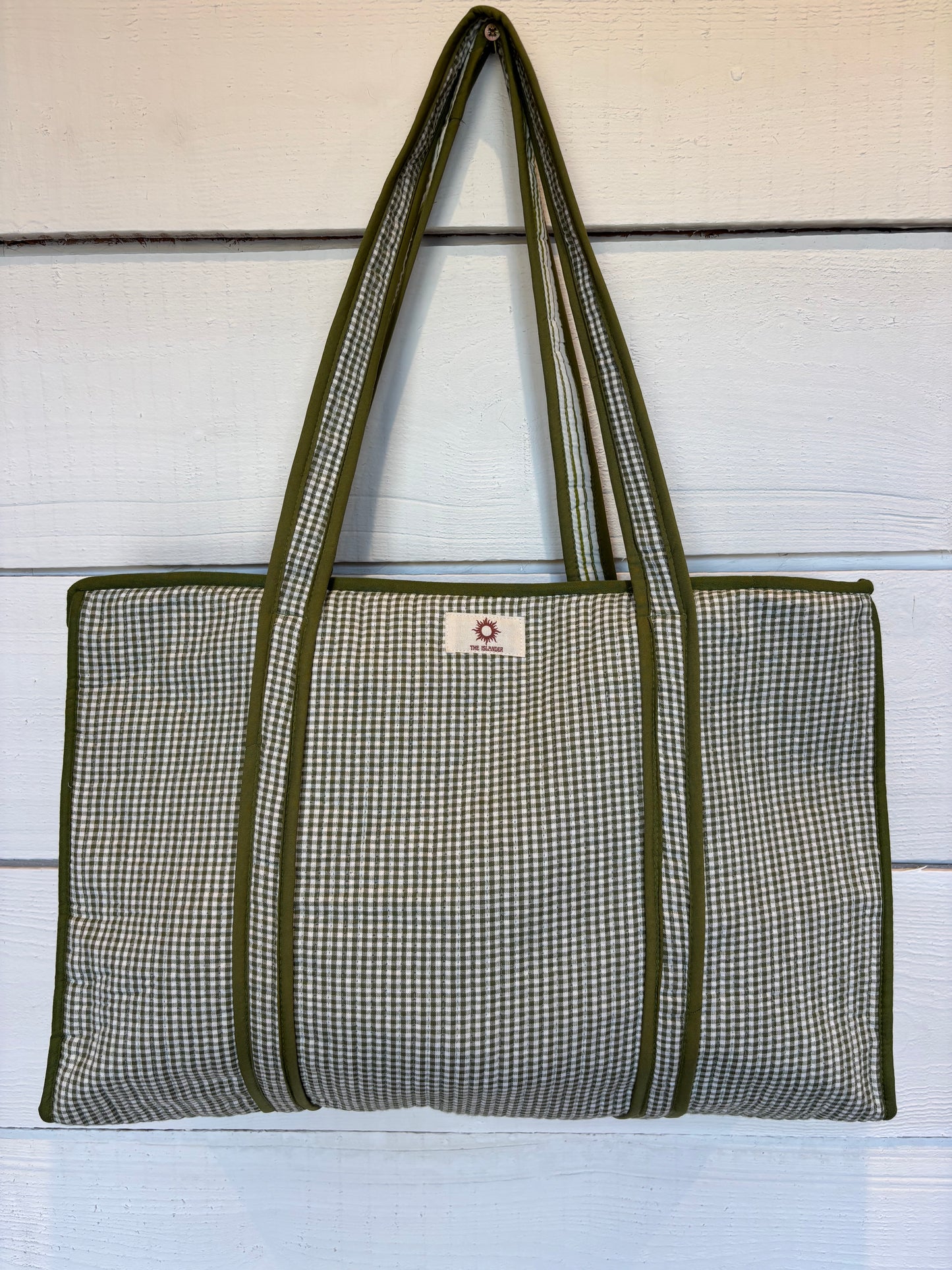 Green Gingham Zipped Large Tote Bag