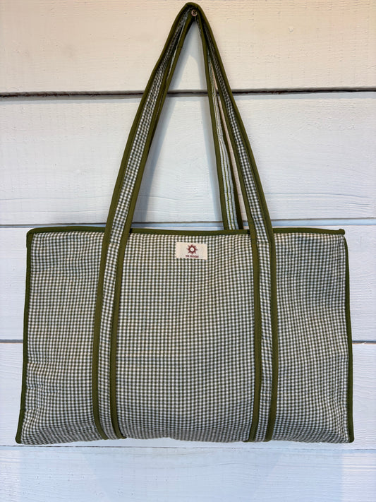 Green Gingham Zipped Large Tote Bag