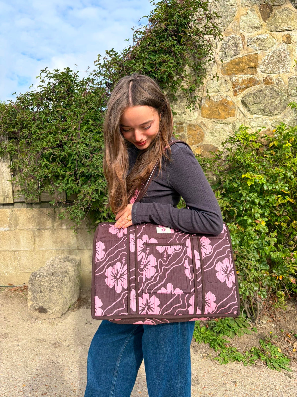 Brown & Pink Hibiscus Organiser Compartment Tote