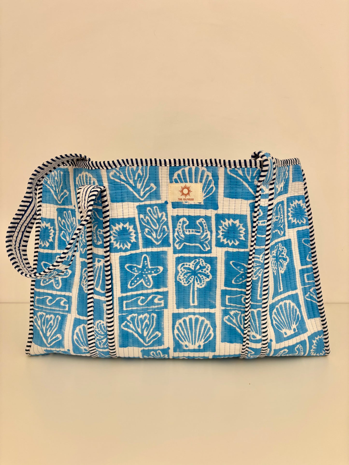 Beach Block Print Quilted Tote Bag Set (With or Without Zip Fastening)