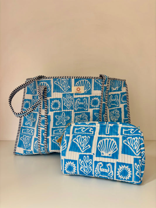 Beach Block Print Quilted Tote Bag Set (With or Without Zip Fastening)