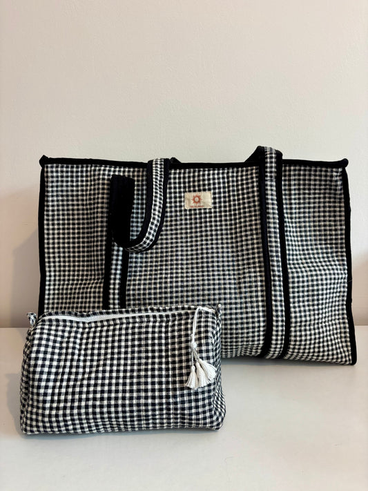Black & White Gingham Large Zipped Tote Bag Set