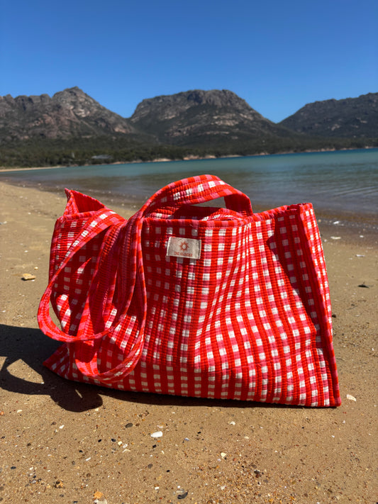 Coral Gingham Quilted Cotton Tote Bag & Mini Pouch