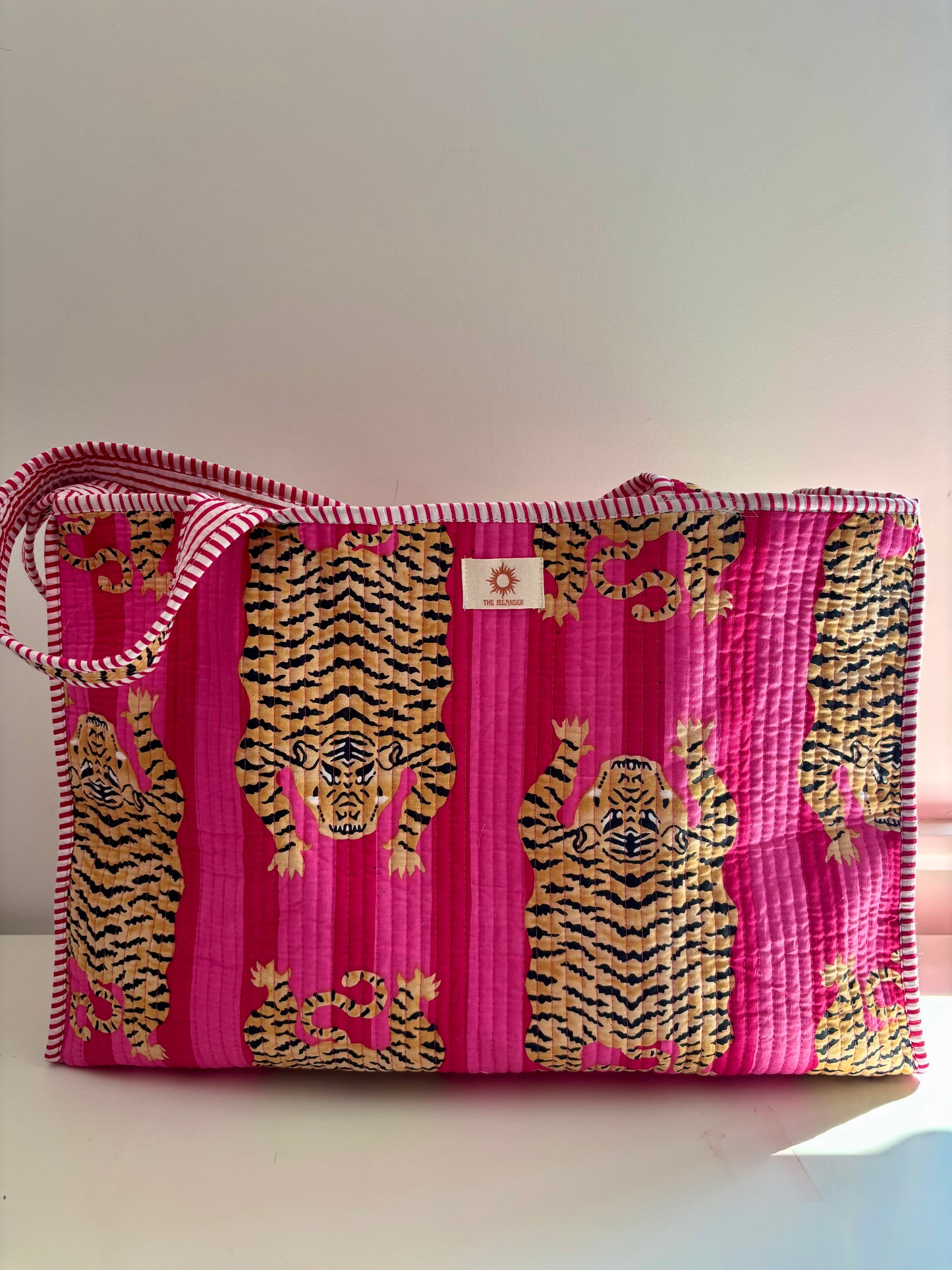 Pink Stripes Tiger Quilted Tote Bag Set