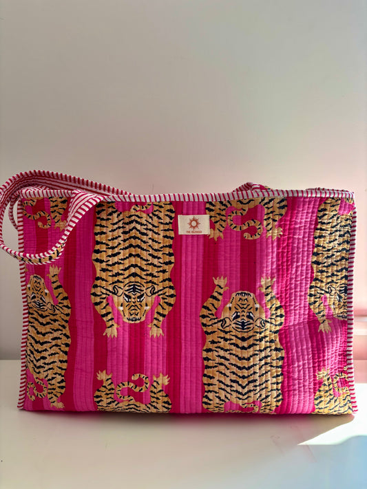 Pink Stripes Tiger Quilted Tote Bag Set