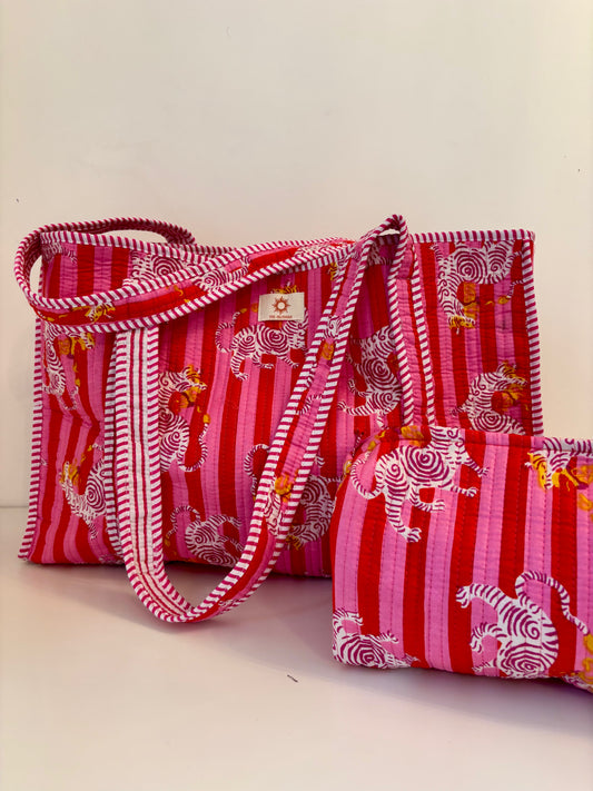 Pink & Red Tiger Quilted Tote Bag Set