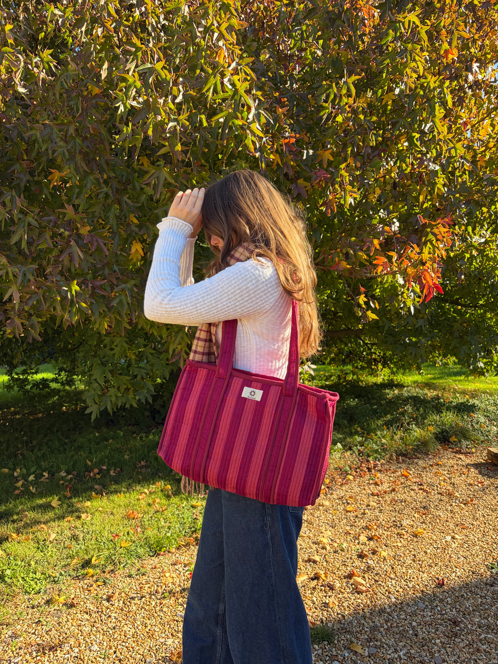 Burgundy Stripes Midi Compartment Tote Bag