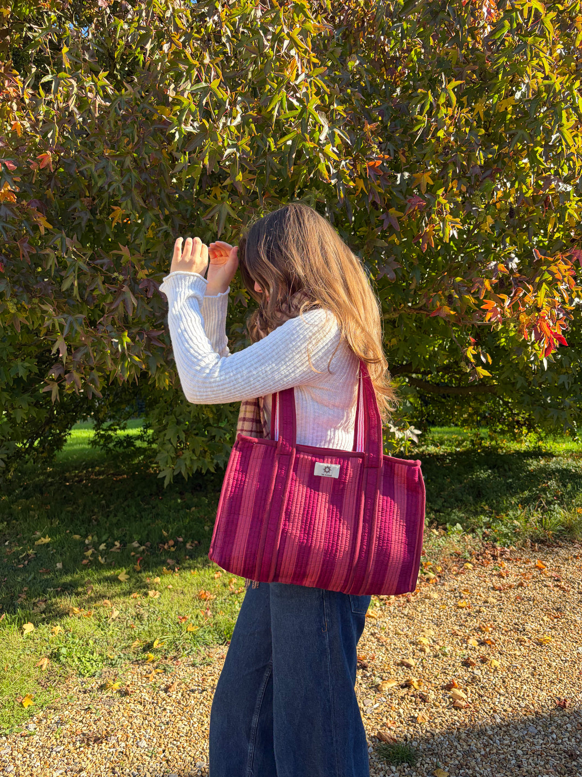 Burgundy Stripes Midi Compartment Tote Bag