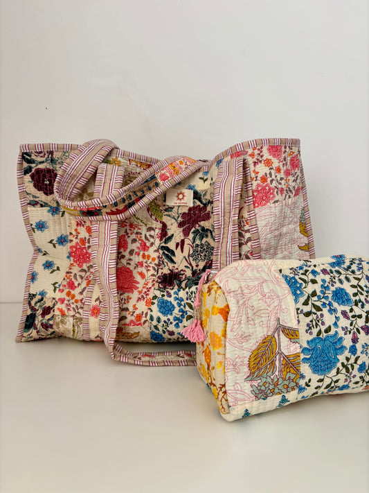 Cream Patchwork Quilted Tote Bag Set