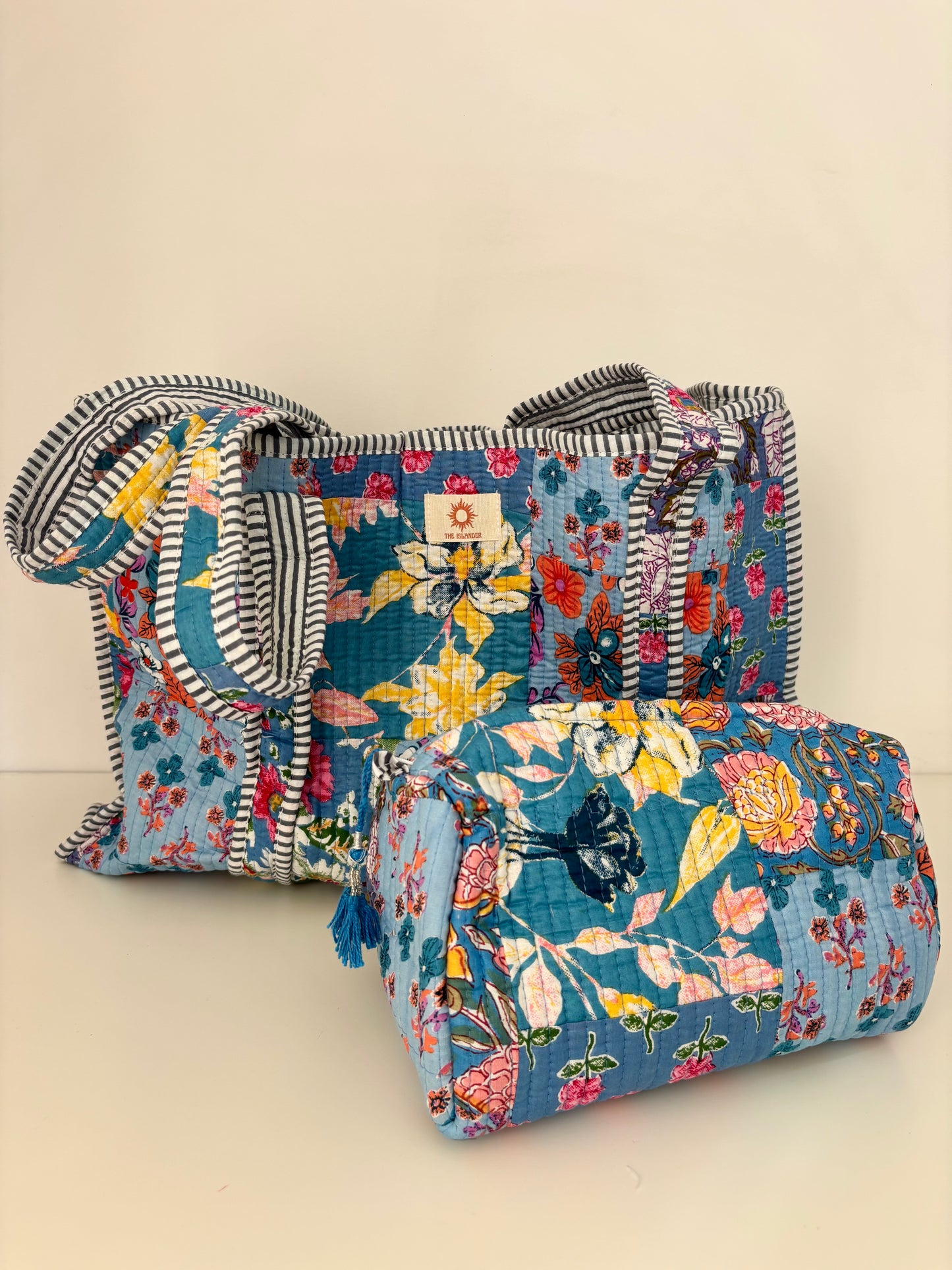 Blue Patchwork Quilted Tote Bag Set
